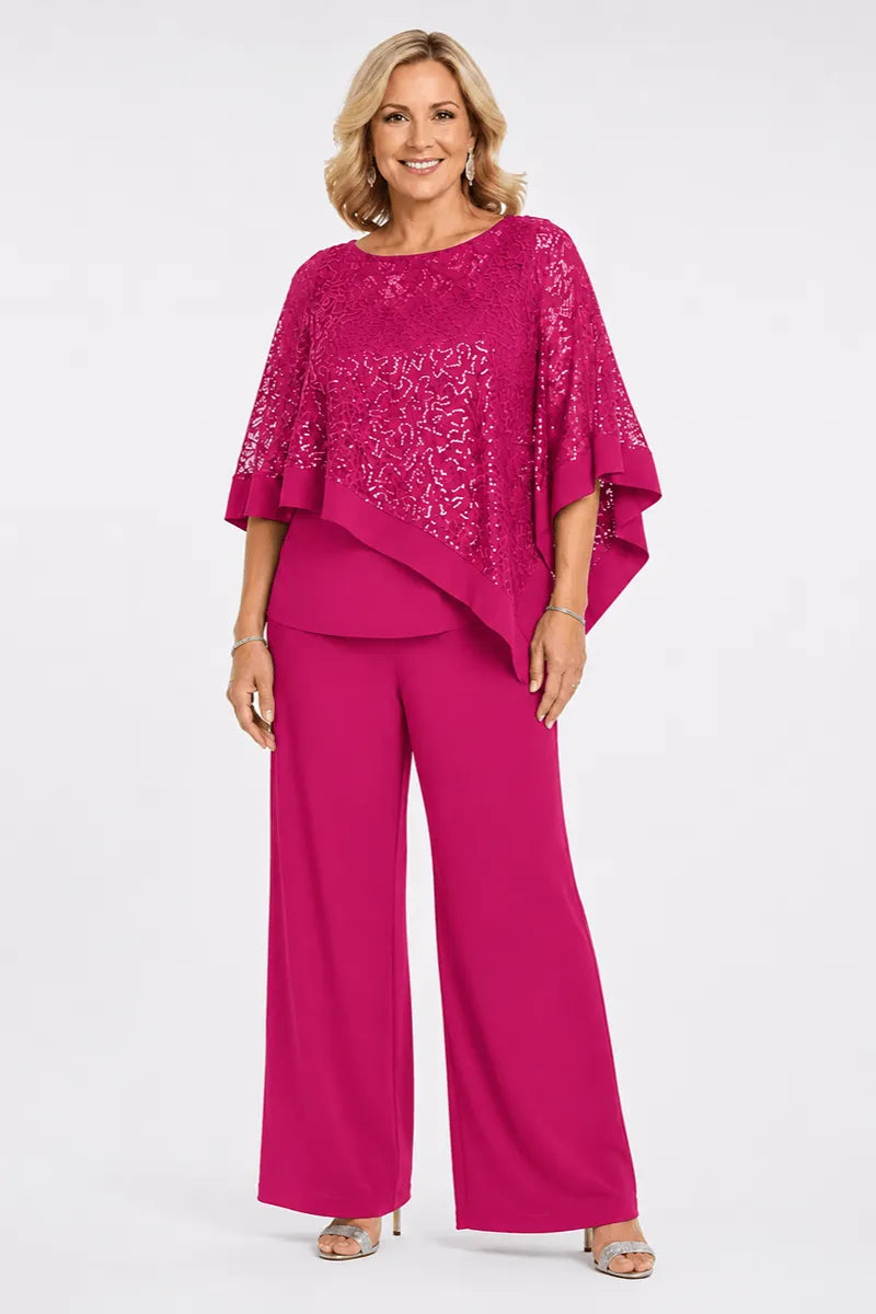 Ensemble pantalon de cérémonie avec cape à sequins, grandes tailles