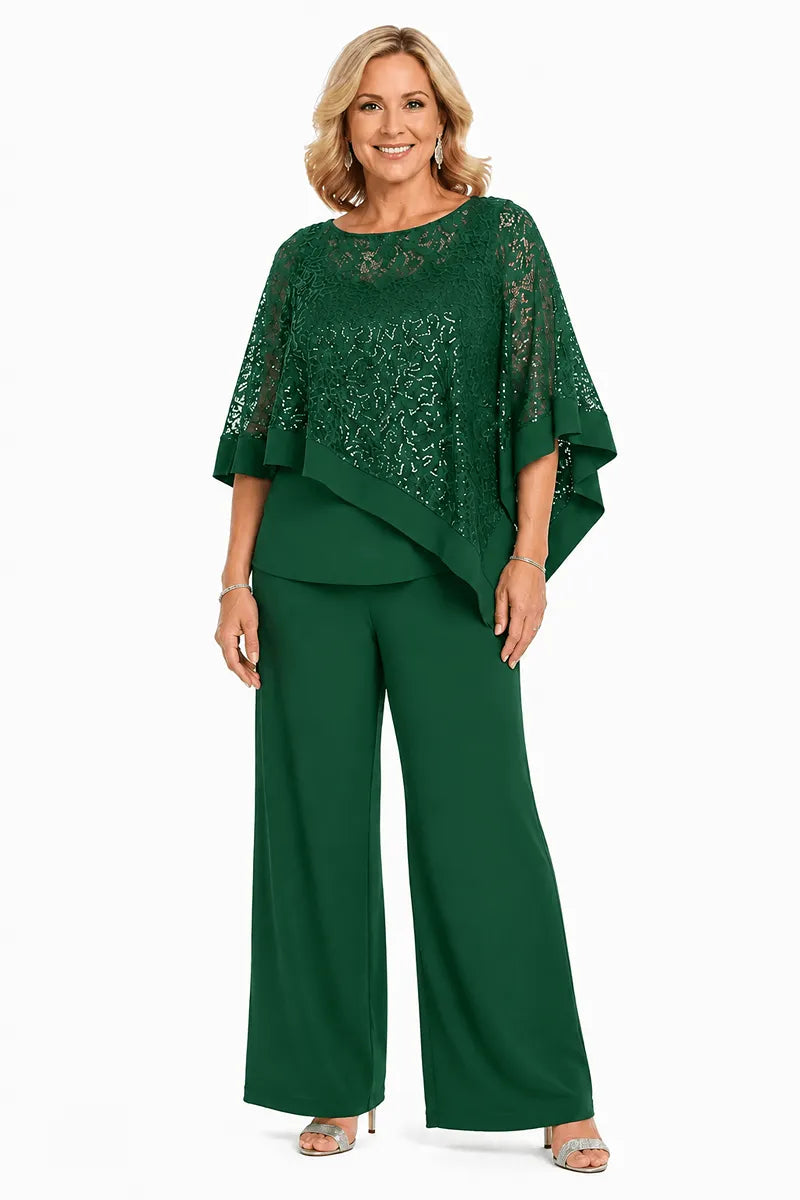 Ensemble pantalon de cérémonie avec cape à sequins, grandes tailles