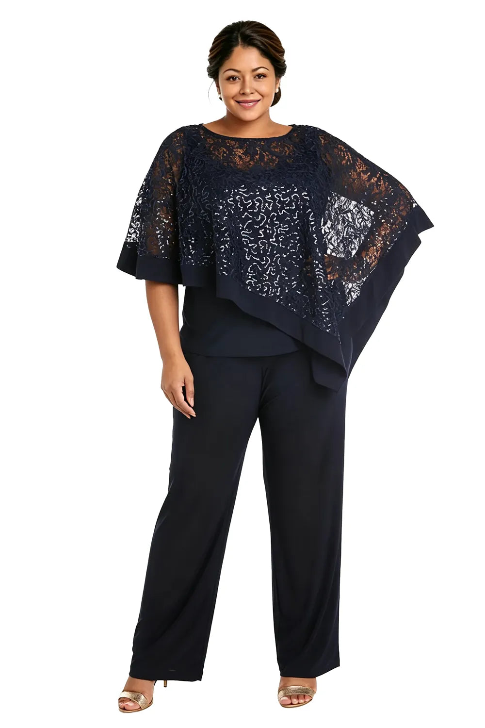 Ensemble pantalon de cérémonie avec cape à sequins, grandes tailles