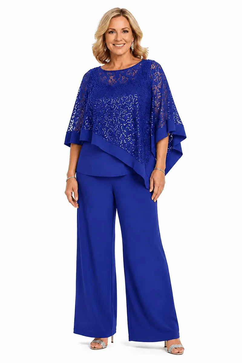 Ensemble pantalon de cérémonie avec cape à sequins, grandes tailles