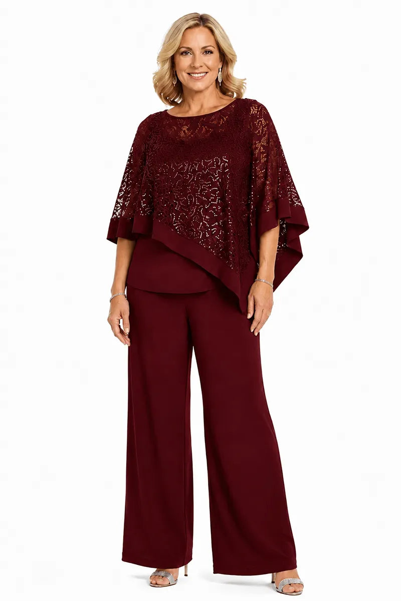 Ensemble pantalon de cérémonie avec cape à sequins, grandes tailles