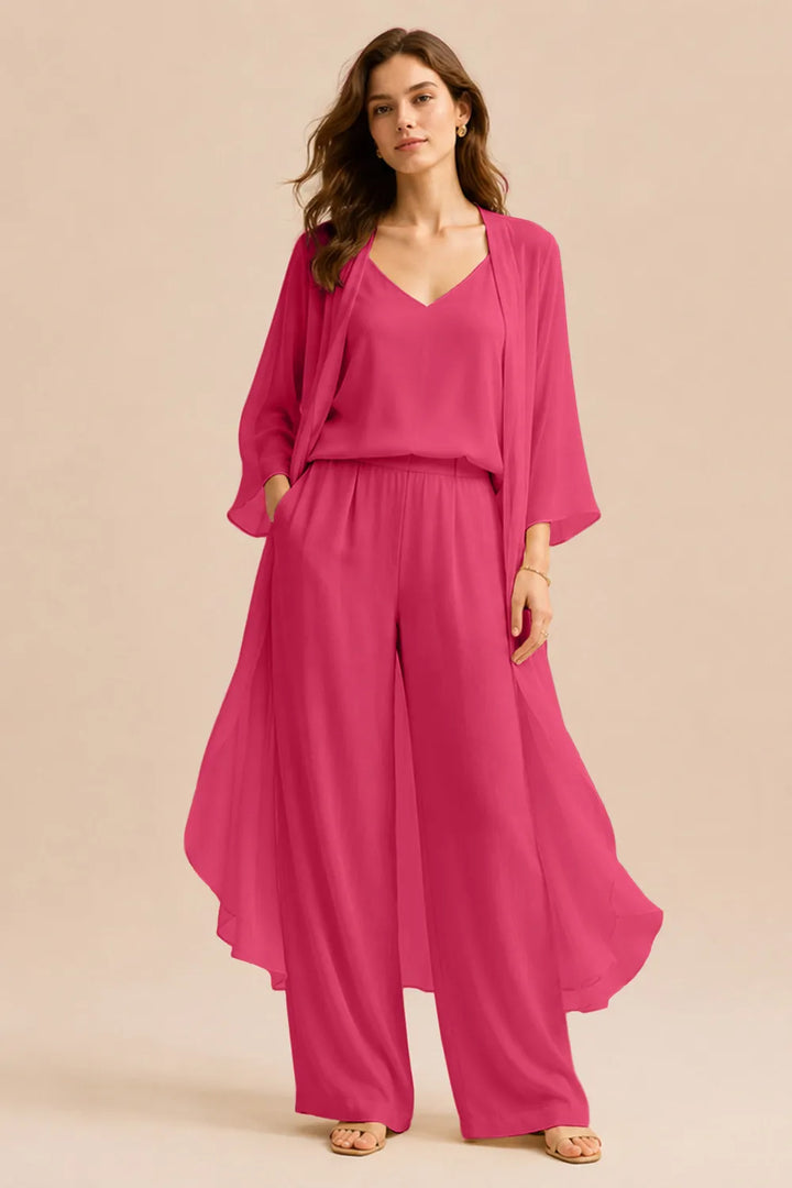 Ensemble pantalon avec caraco et veste en mousseline