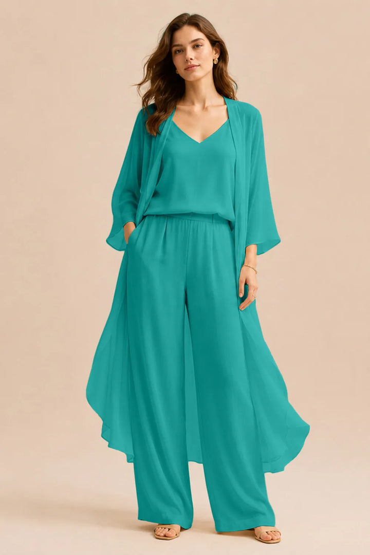 Ensemble pantalon avec caraco et veste en mousseline