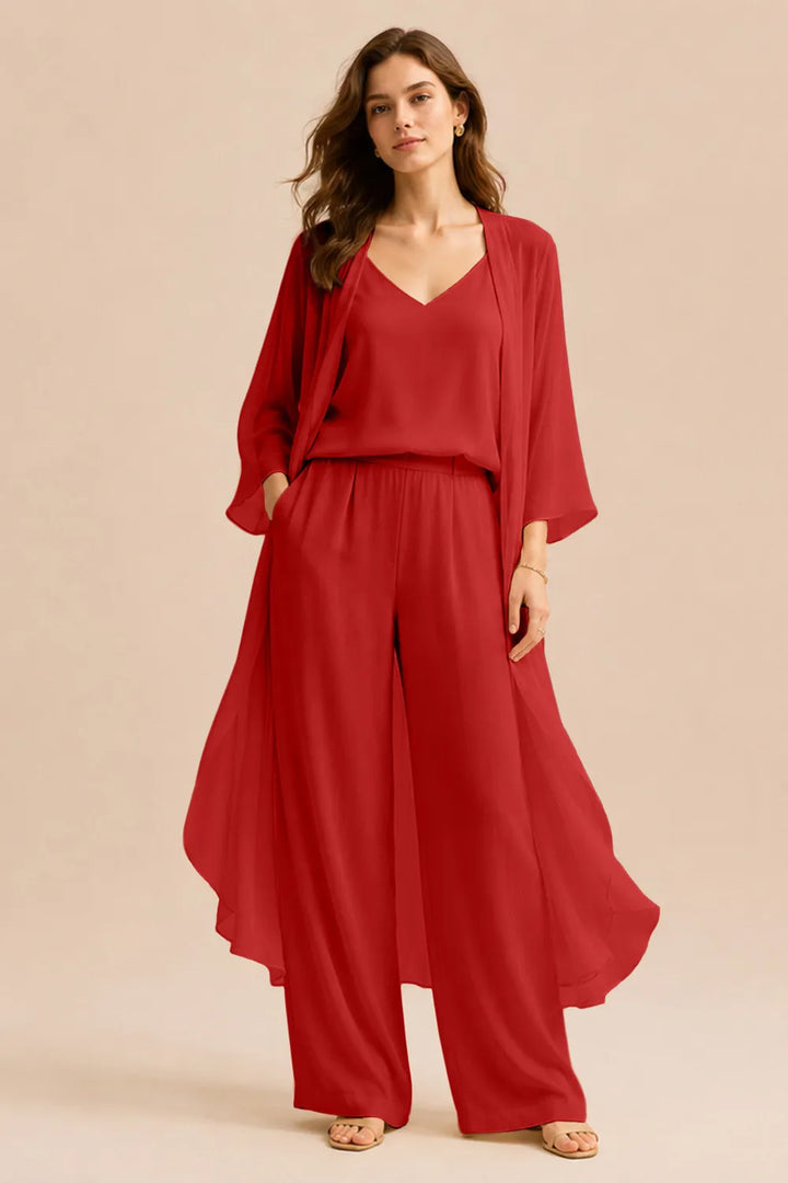 Ensemble pantalon avec caraco et veste en mousseline