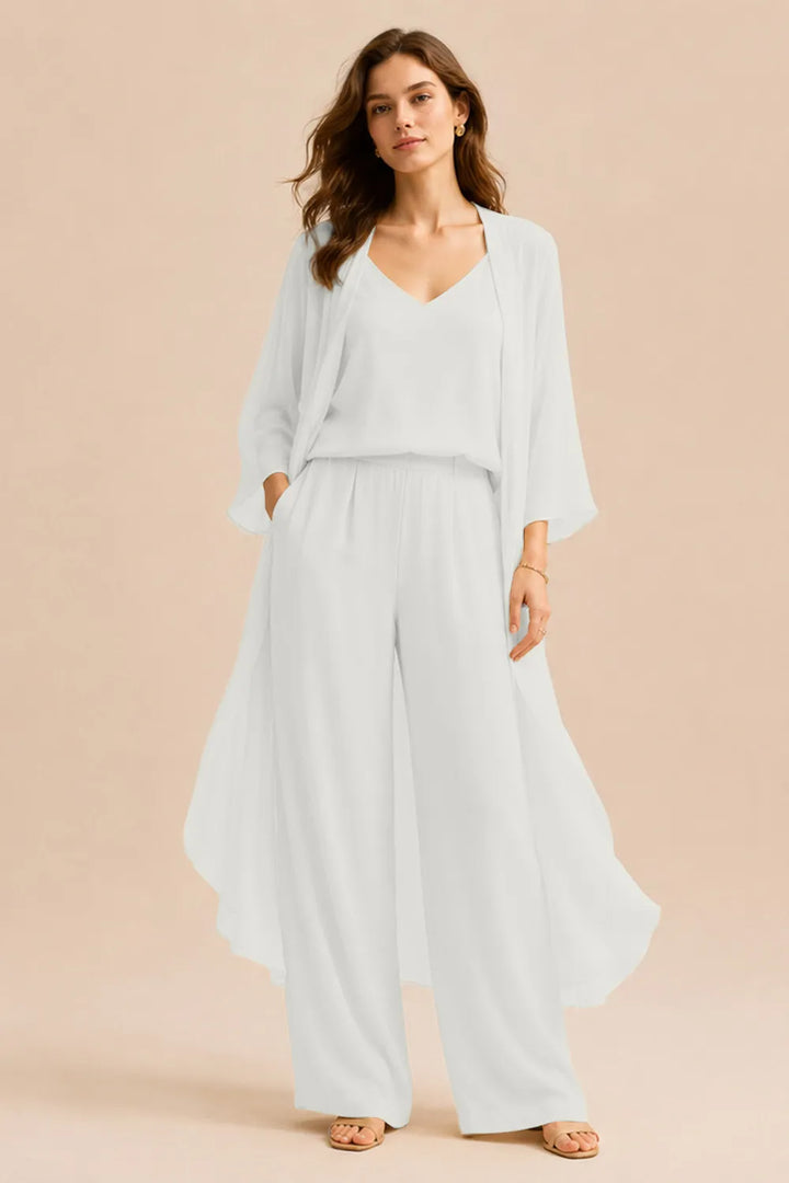 Ensemble pantalon avec caraco et veste en mousseline