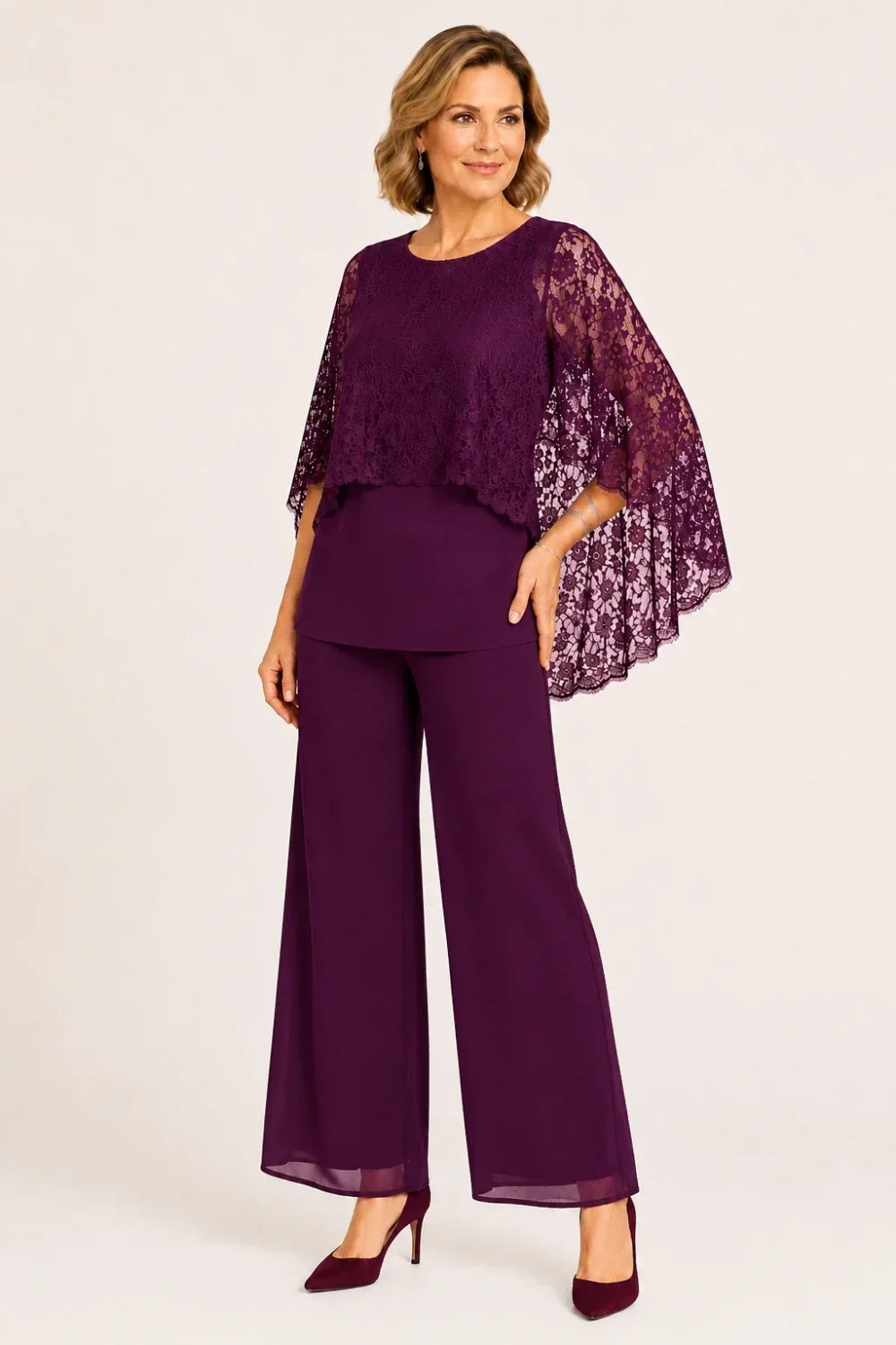 Lace Cape Mother of the Bride Pant Suit with Wide Legs