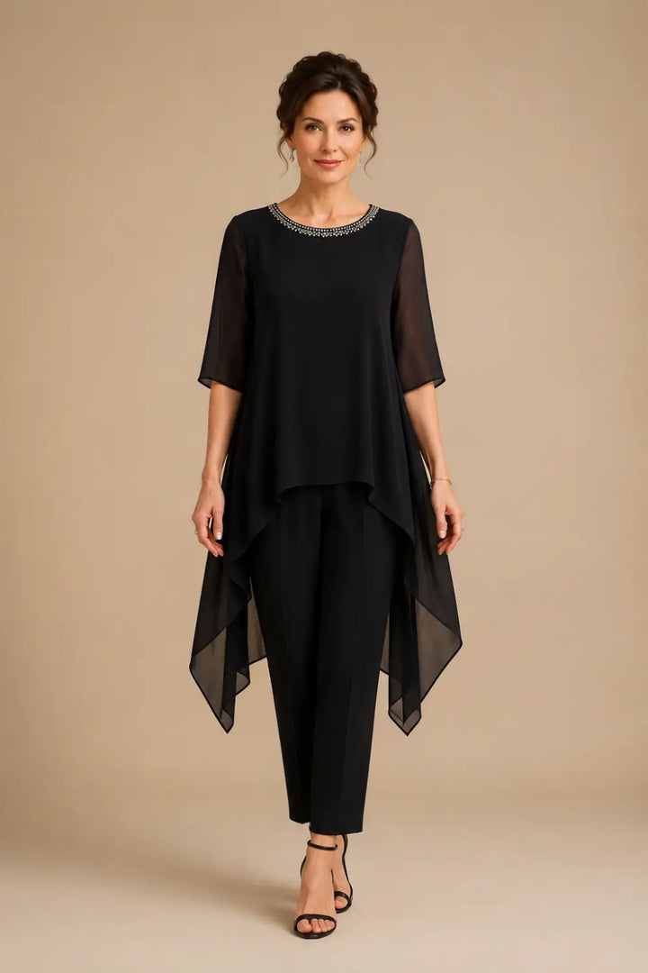 Ensemble pantalon large avec cape courte en mousseline superposée