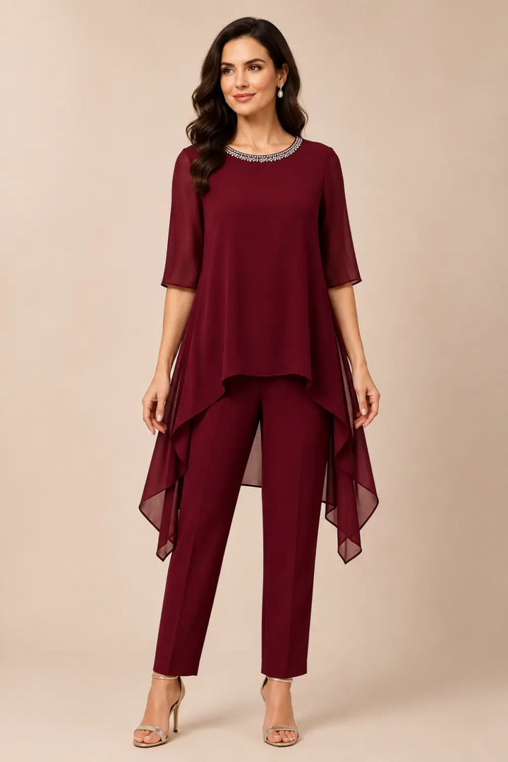 Ensemble pantalon large avec cape courte en mousseline superposée