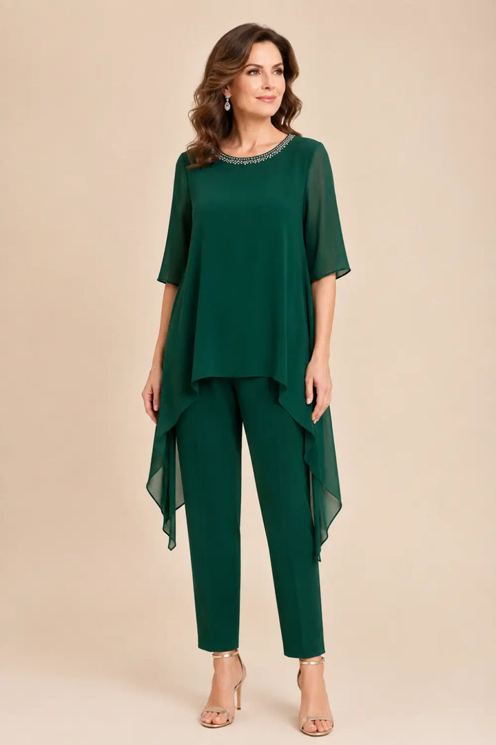 Ensemble pantalon large avec cape courte en mousseline superposée