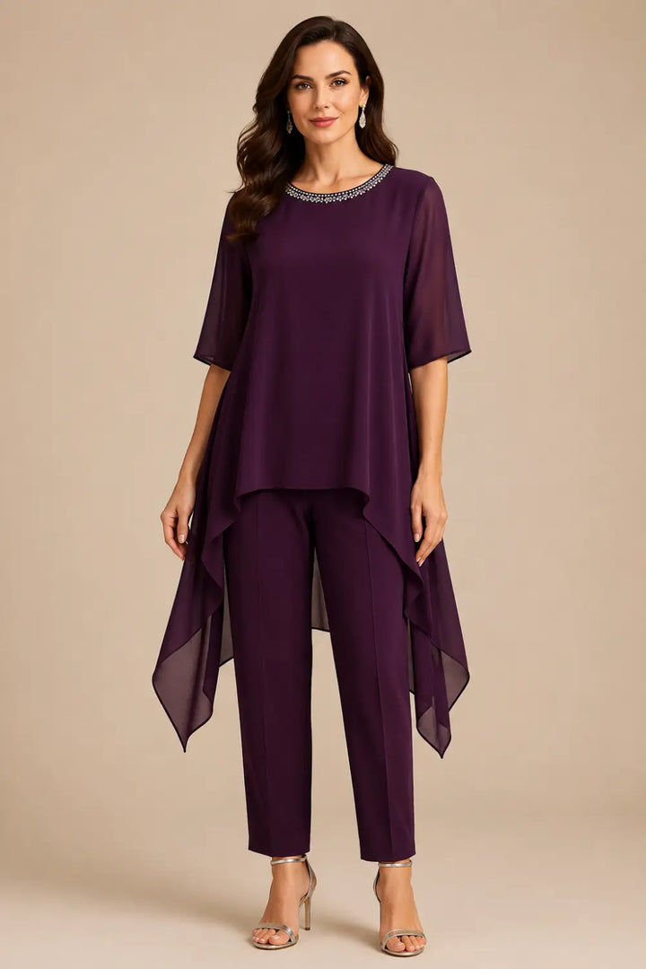 Ensemble pantalon large avec cape courte en mousseline superposée
