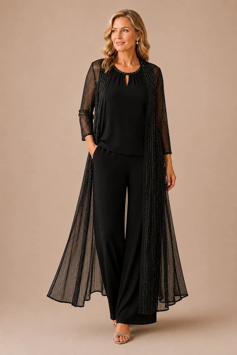 Ensemble pantalon habillé avec veste longue transparente