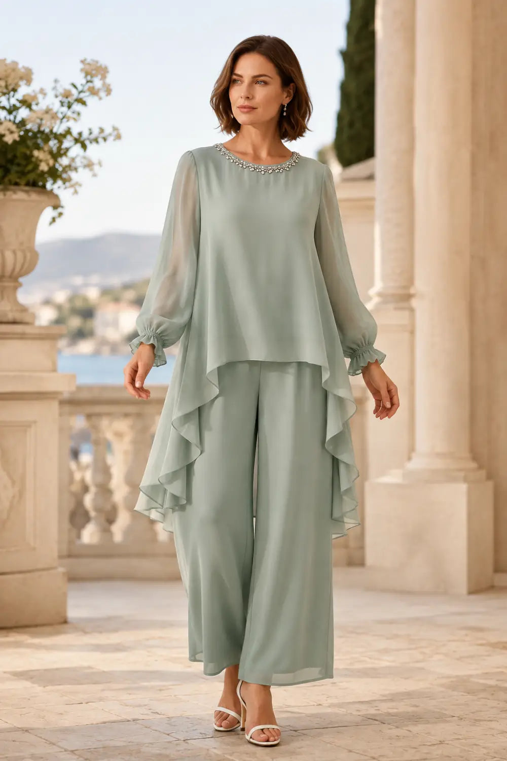 Ensemble pantalon large avec cape courte volantée