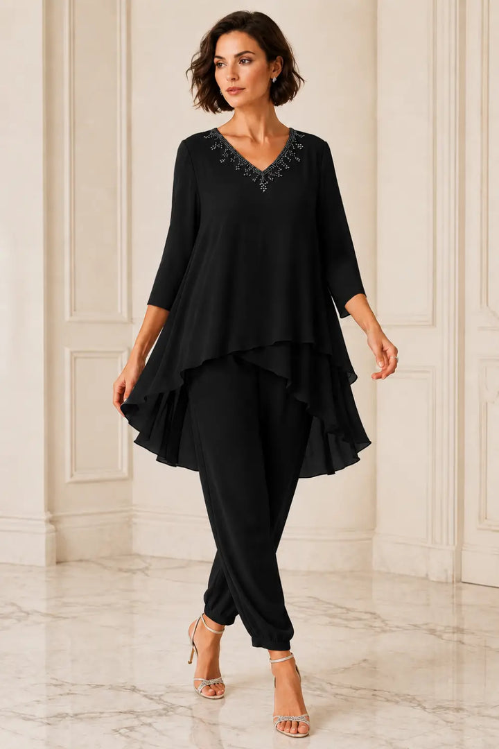 Ensemble pantalon en mousseline à cape courte volantée
