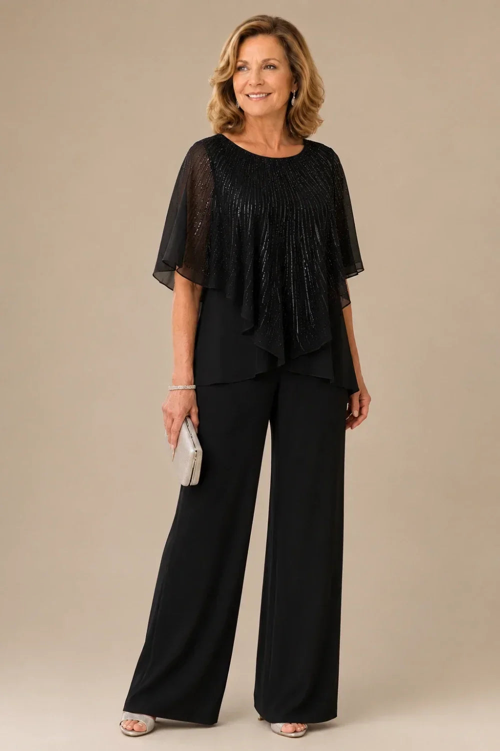 Ensemble pantalon large avec cape courte à sequins