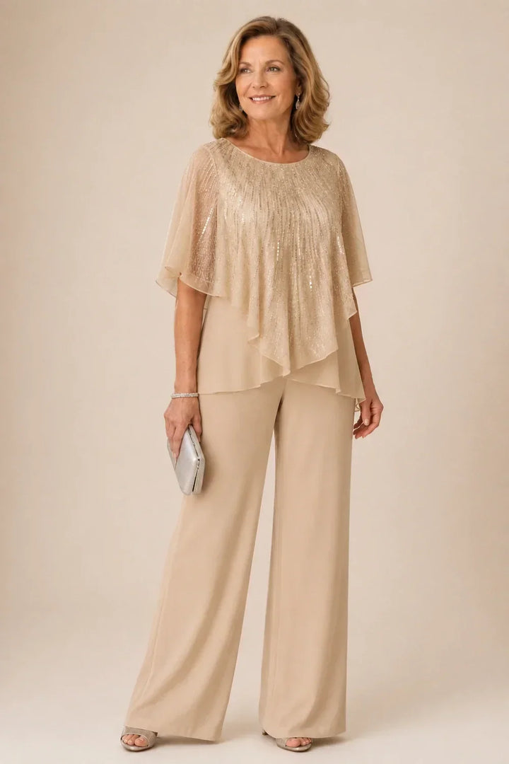 Ensemble pantalon large avec cape courte à sequins