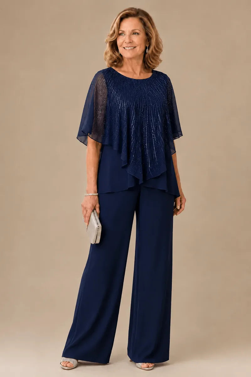 Ensemble pantalon large avec cape courte à sequins