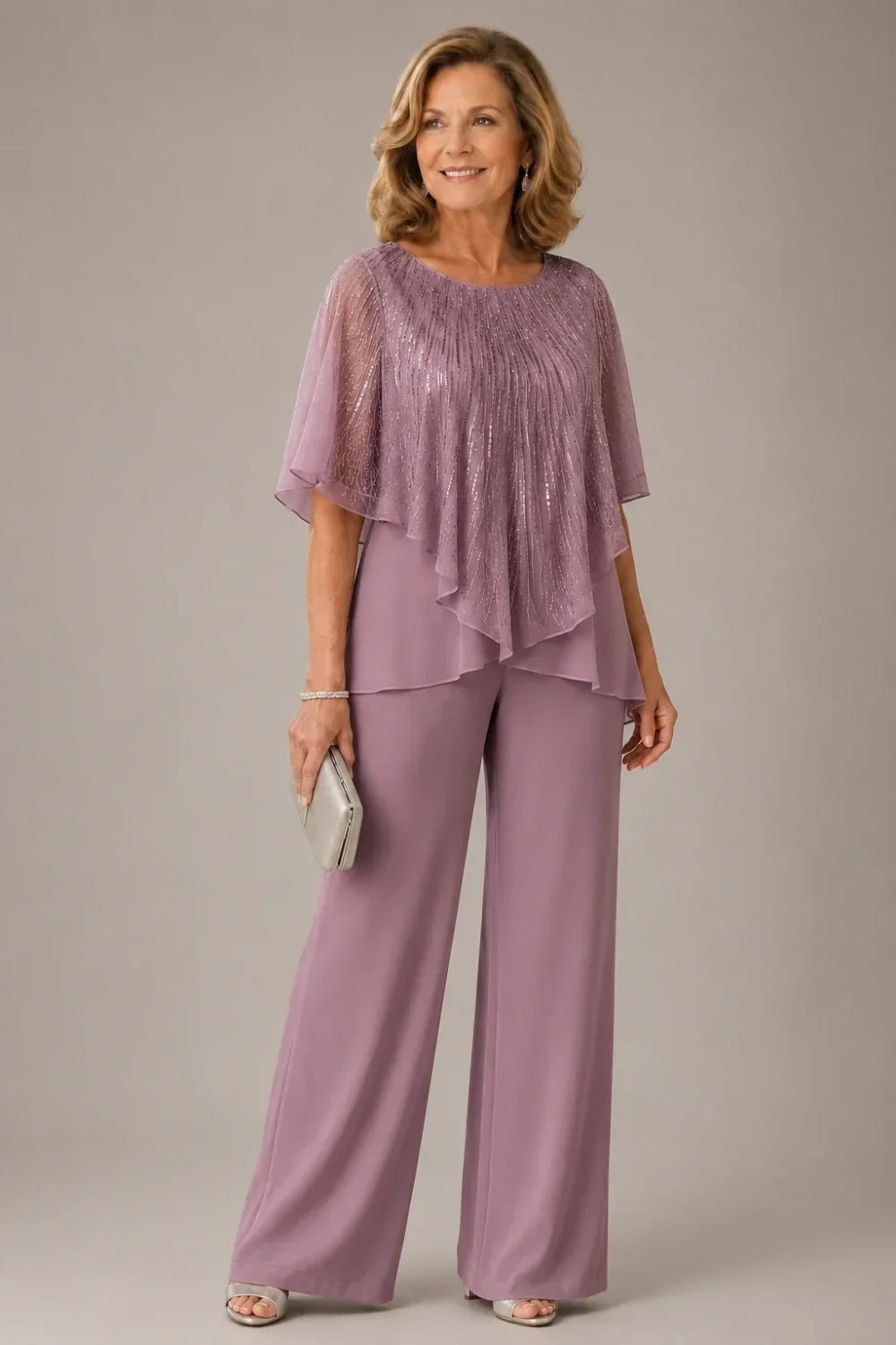 Ensemble pantalon large avec cape courte à sequins