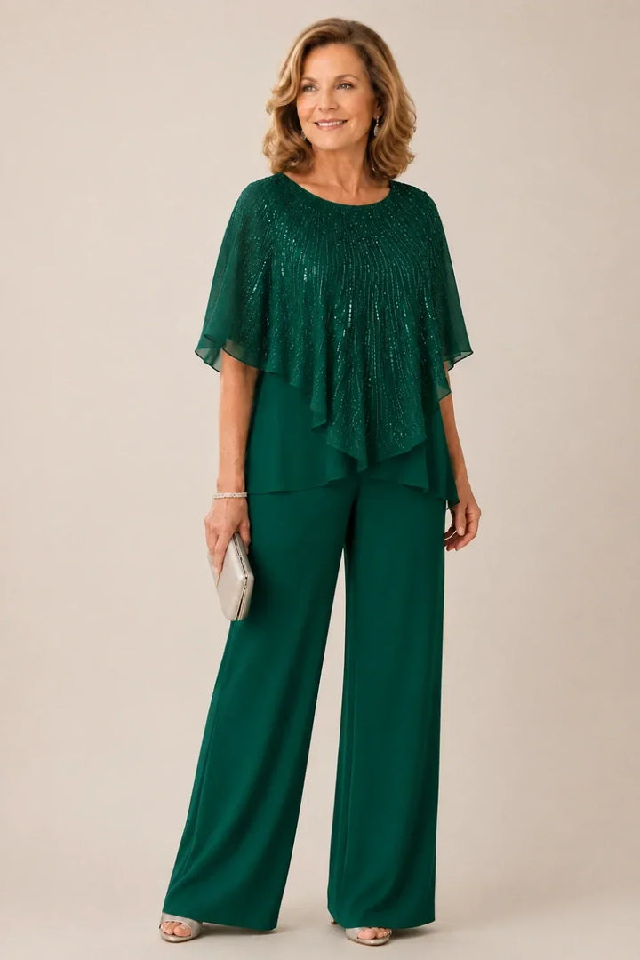 Ensemble pantalon large avec cape courte à sequins