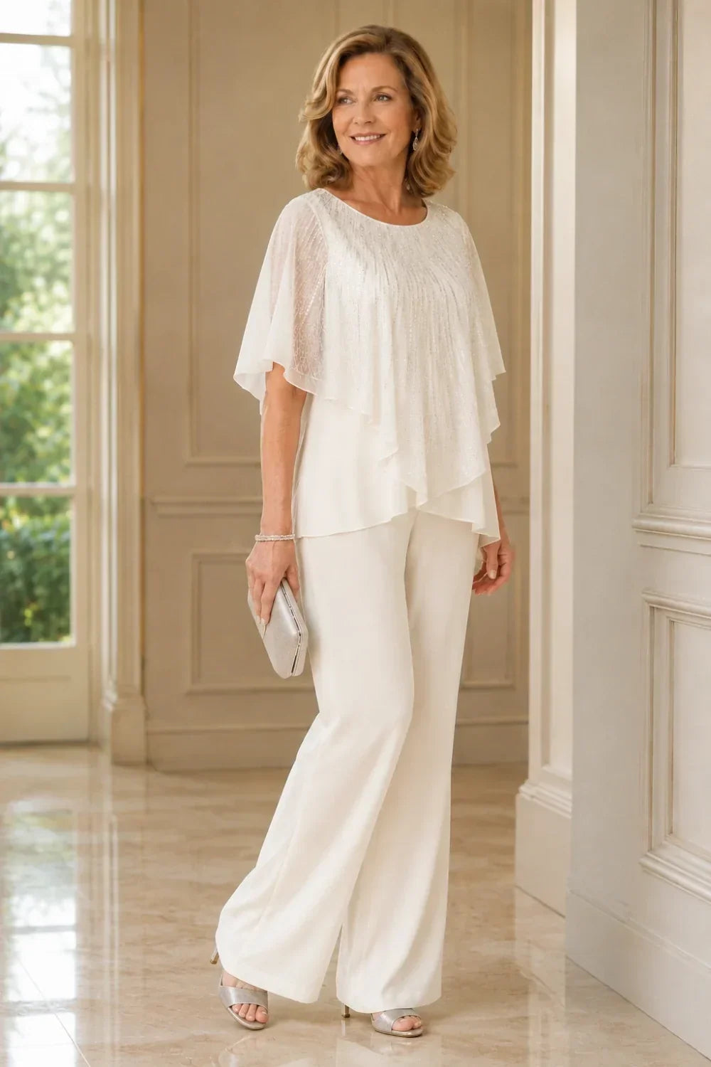 Ensemble pantalon large avec cape courte à sequins