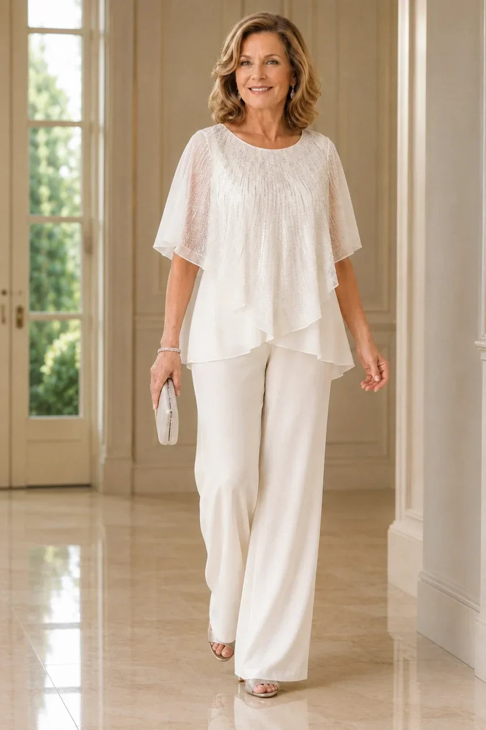Ensemble pantalon large avec cape courte à sequins