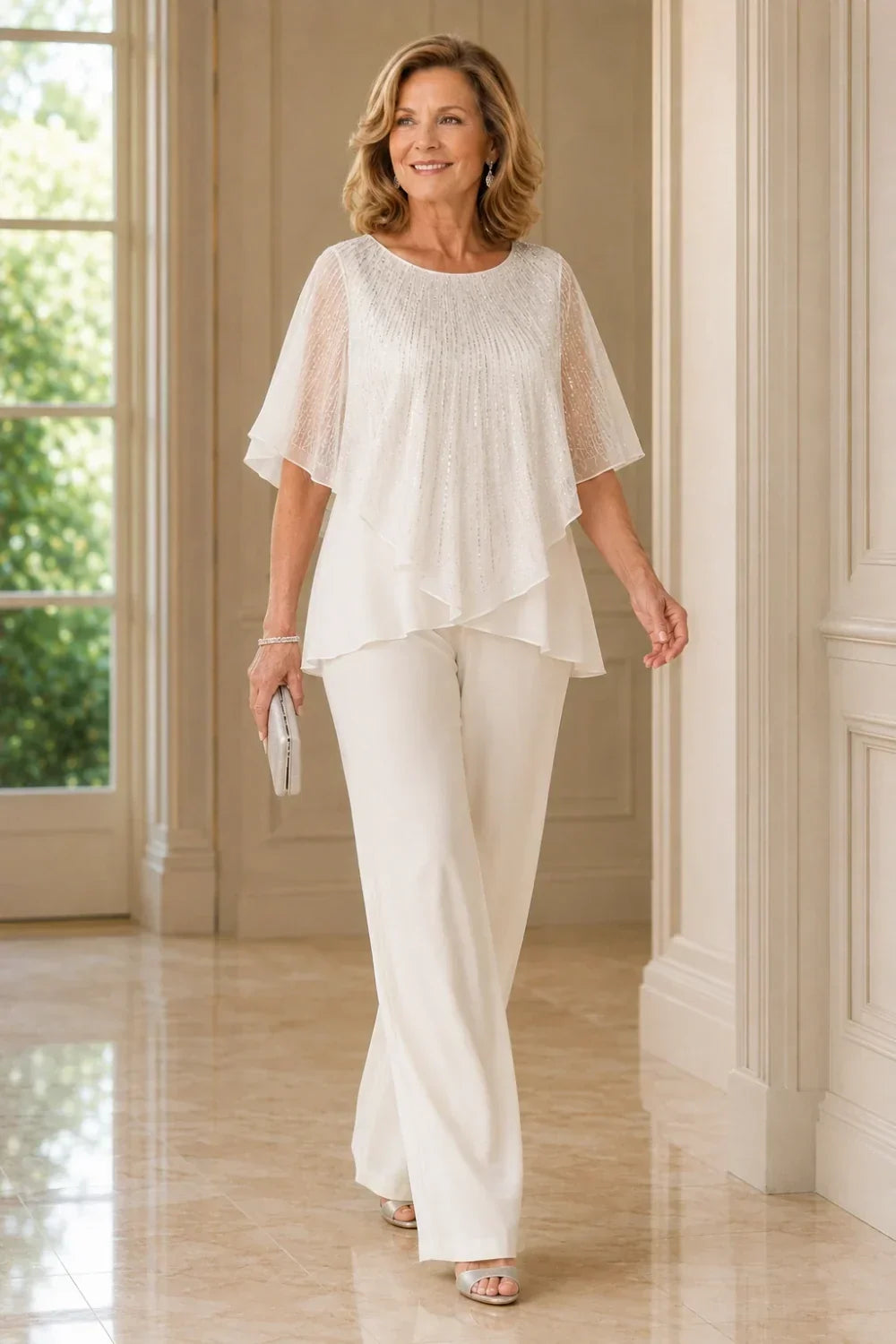 Ensemble pantalon large avec cape courte à sequins