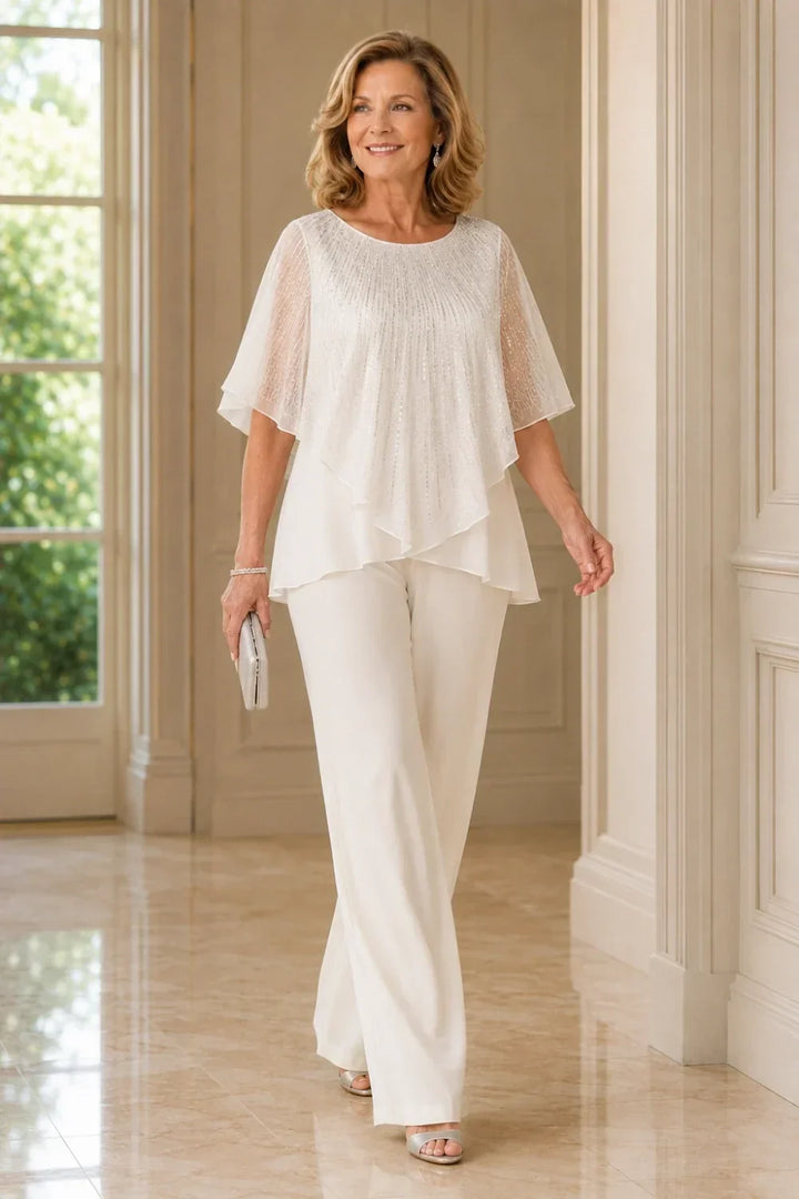 Ensemble pantalon large avec cape courte à sequins