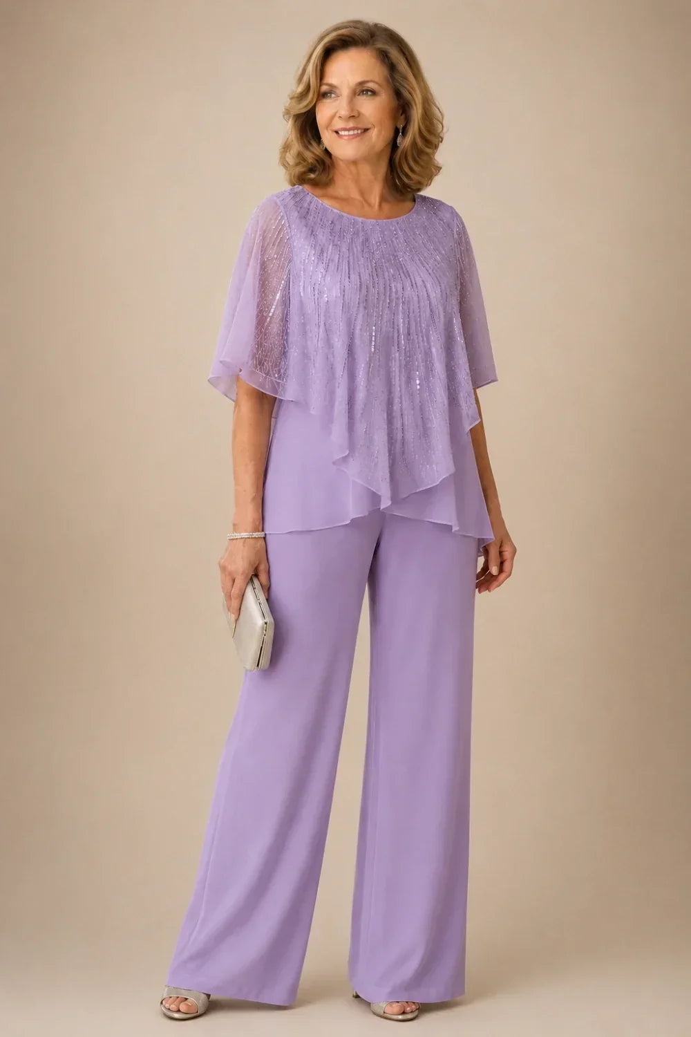 Ensemble pantalon large avec cape courte à sequins