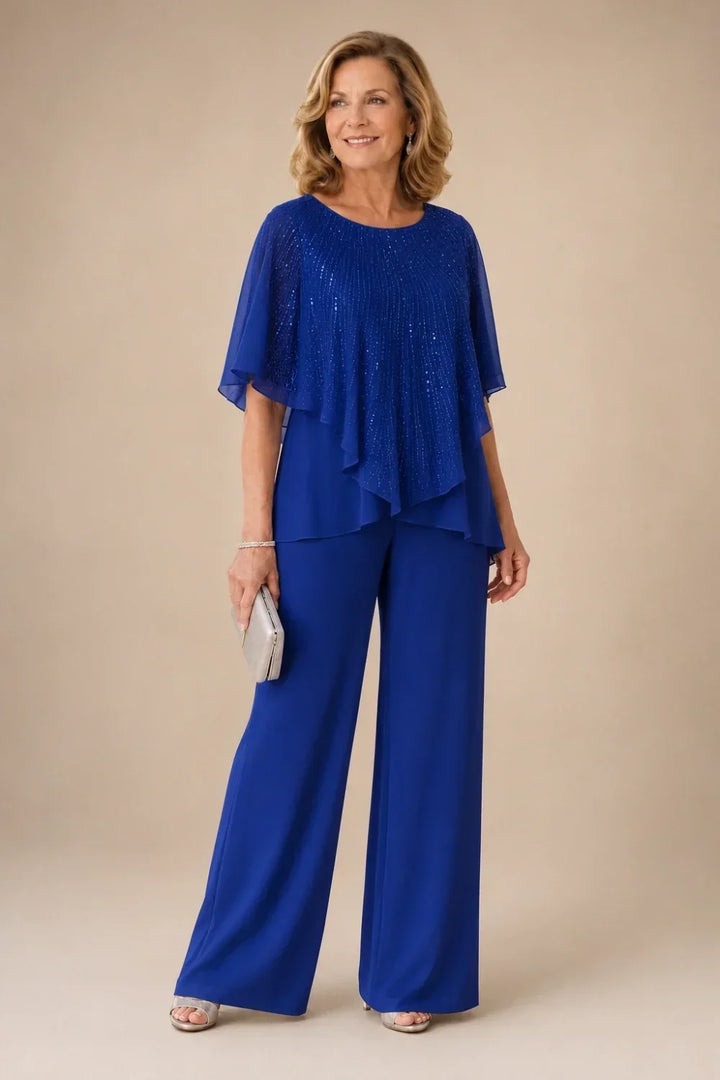 Ensemble pantalon large avec cape courte à sequins