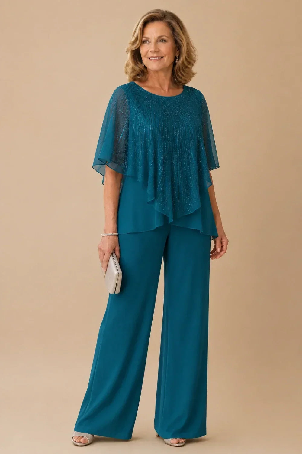 Ensemble pantalon large avec cape courte à sequins