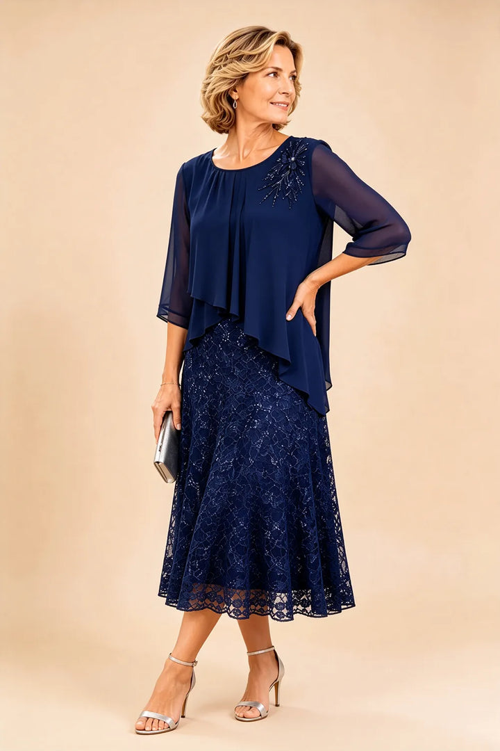 Robe de cérémonie en mousseline et dentelle superposée