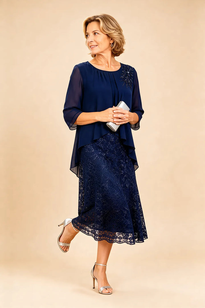 Robe de cérémonie en mousseline et dentelle superposée