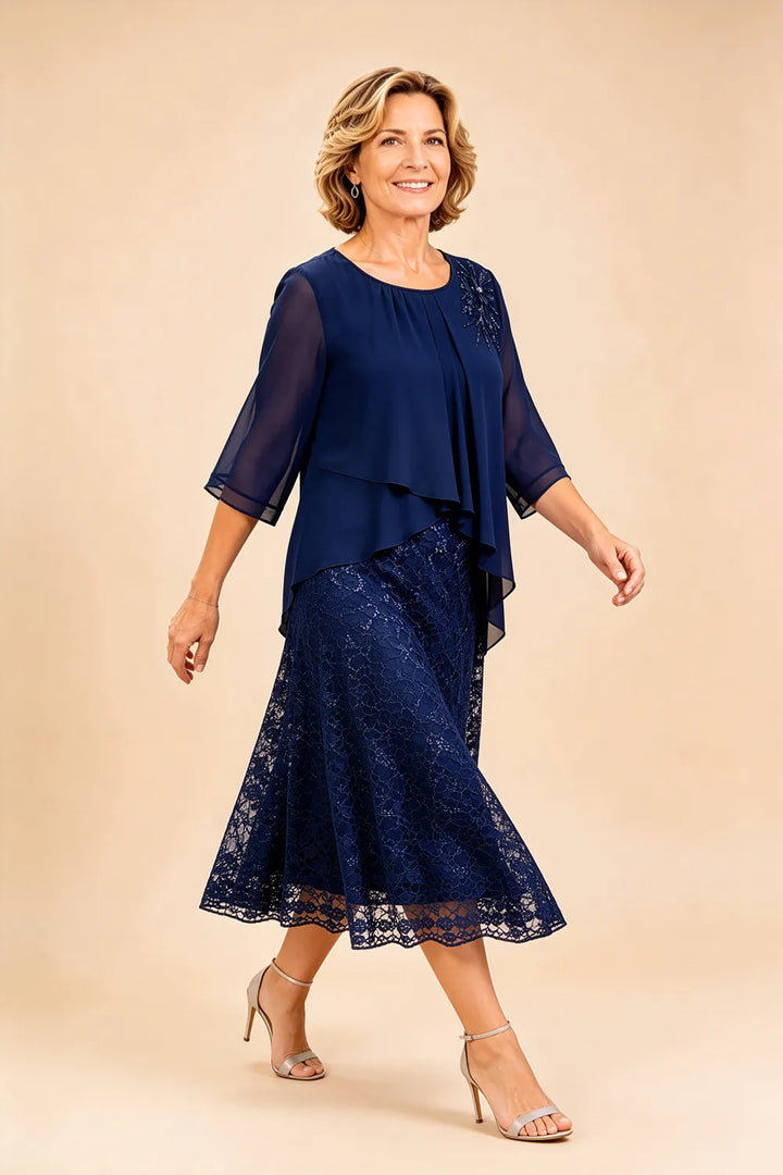 Robe de cérémonie en mousseline et dentelle superposée