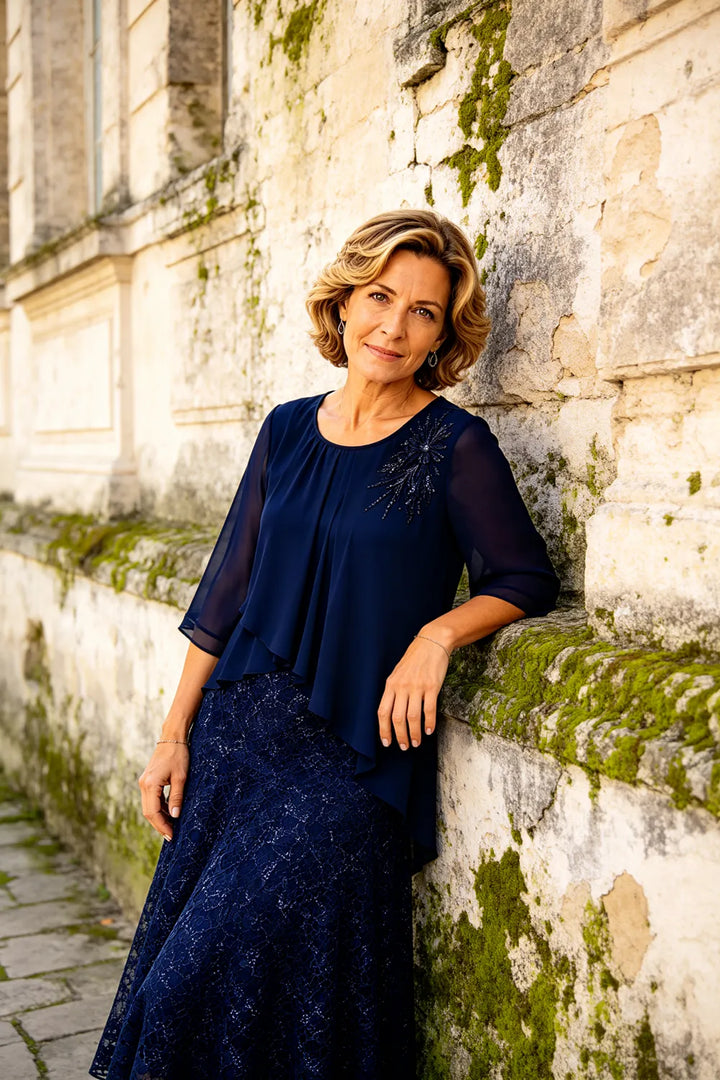 Robe de cérémonie en mousseline et dentelle superposée