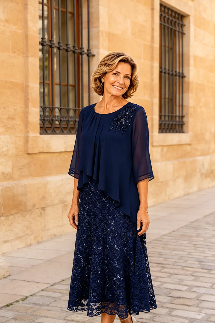 Robe de cérémonie en mousseline et dentelle superposée