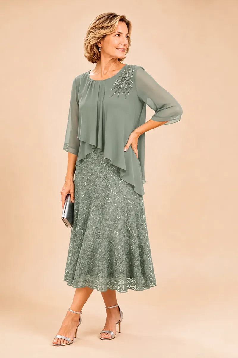 Robe de cérémonie en mousseline et dentelle superposée