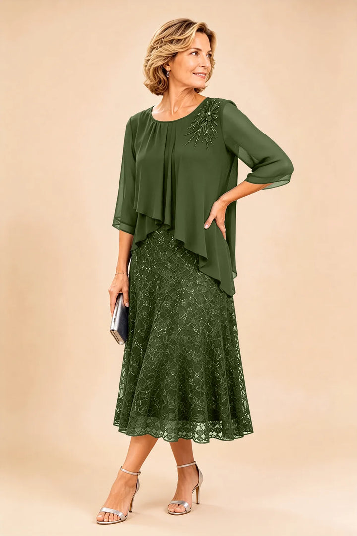 Robe de cérémonie en mousseline et dentelle superposée