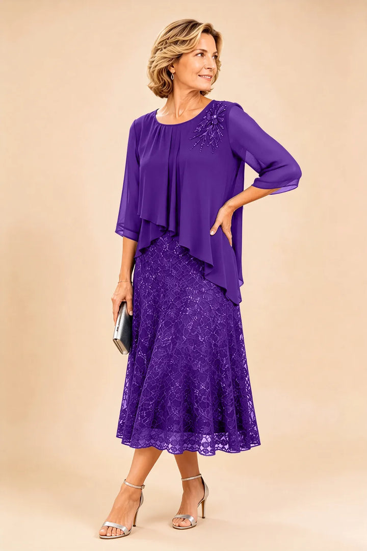 Robe de cérémonie en mousseline et dentelle superposée