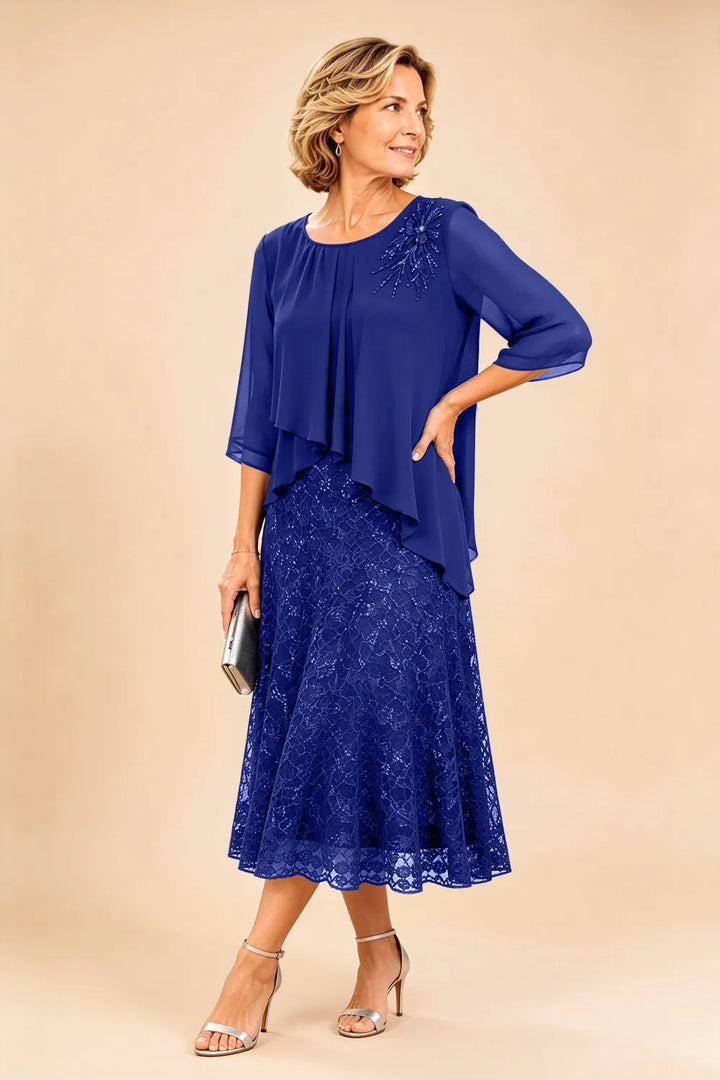 Robe de cérémonie en mousseline et dentelle superposée