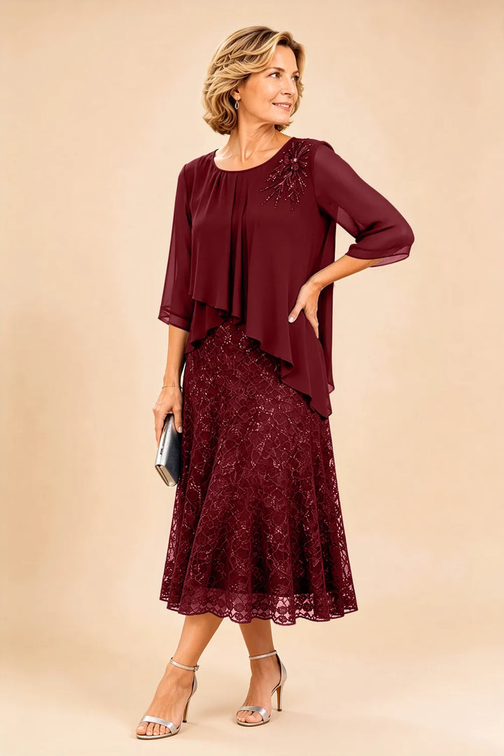 Robe de cérémonie en mousseline et dentelle superposée