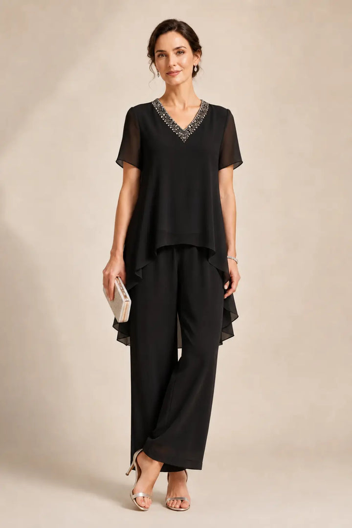 Ensemble pantalon en mousseline à col V et cape asymétrique