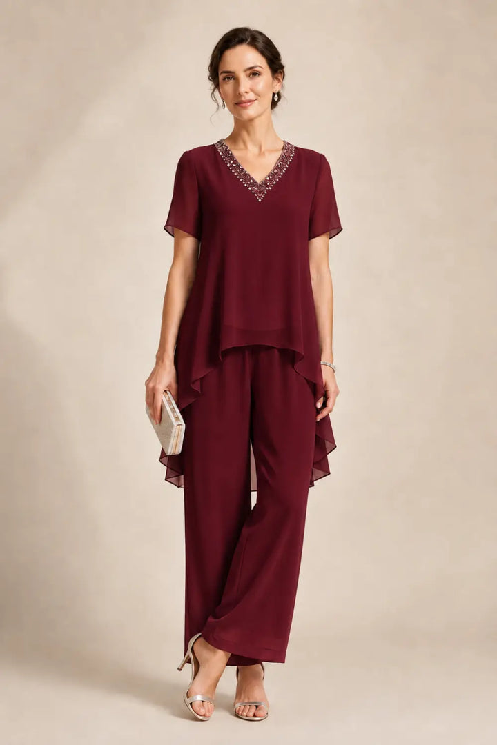 Ensemble pantalon en mousseline à col V et cape asymétrique
