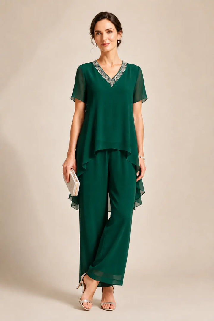 Ensemble pantalon en mousseline à col V et cape asymétrique