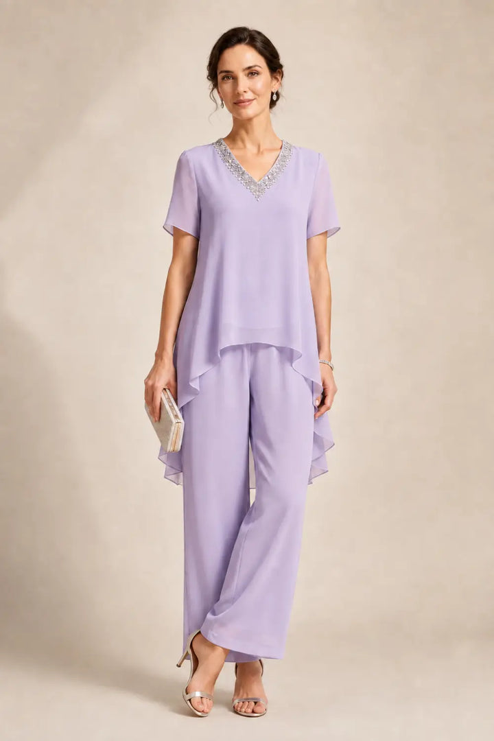 Ensemble pantalon en mousseline à col V et cape asymétrique