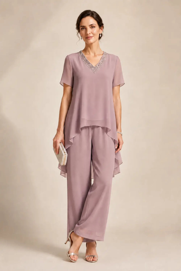 Ensemble pantalon en mousseline à col V et cape asymétrique