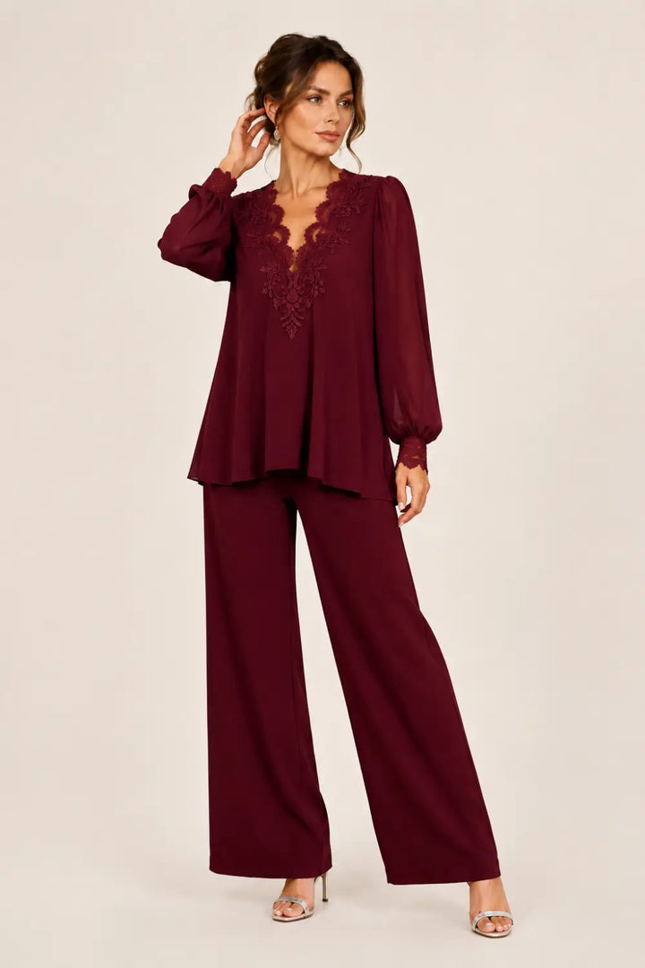 Ensemble pantalon large en mousseline à col V superposé