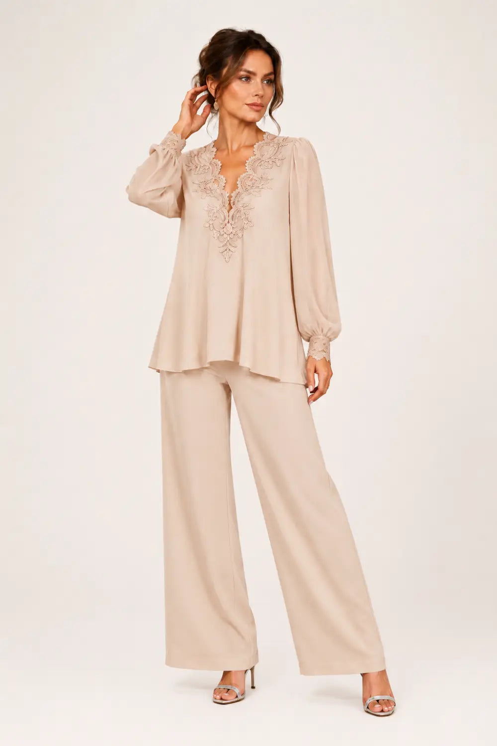Ensemble pantalon large en mousseline à col V superposé