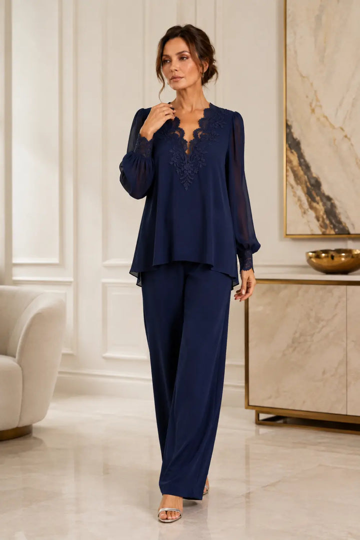 Ensemble pantalon large en mousseline à col V superposé