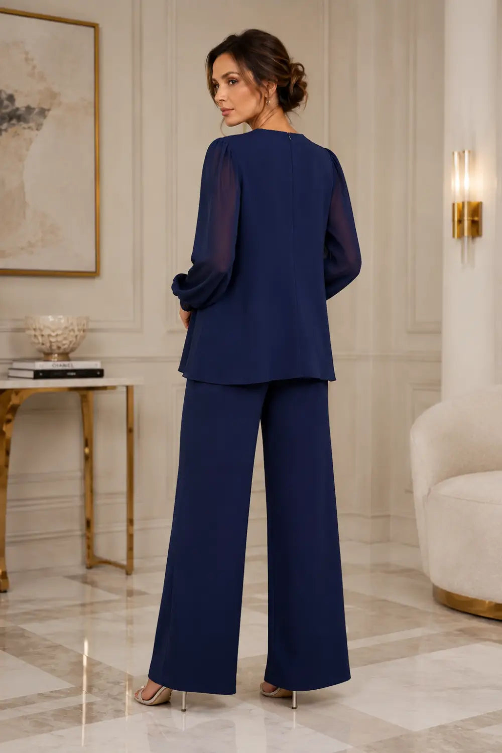 Ensemble pantalon large en mousseline à col V superposé