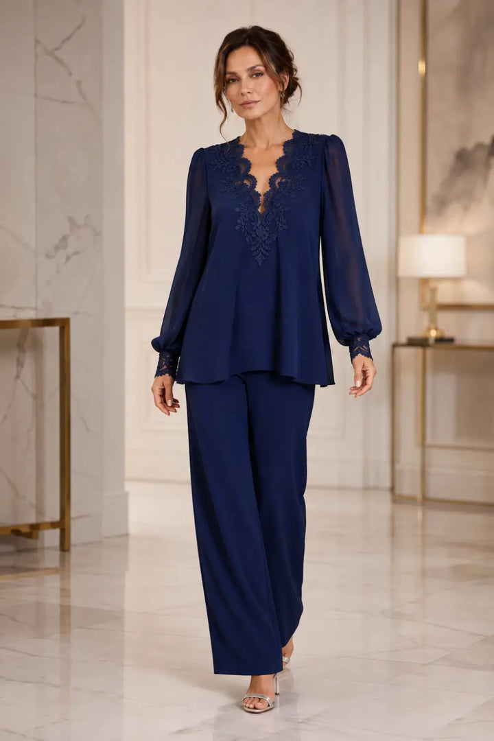 Ensemble pantalon large en mousseline à col V superposé