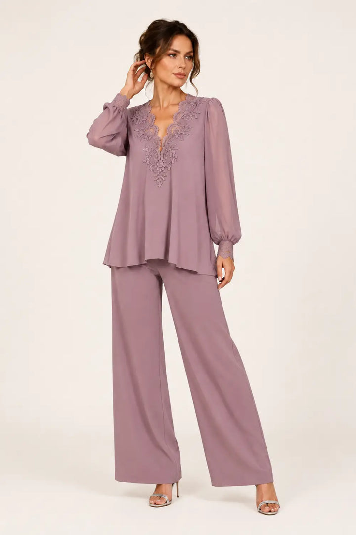 Ensemble pantalon large en mousseline à col V superposé